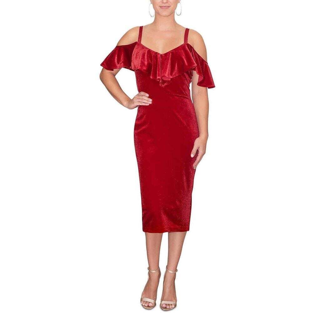 NWT Womens Red Rachel Roy Velvet Cold Shoulder Ruffle Evening Dress XS